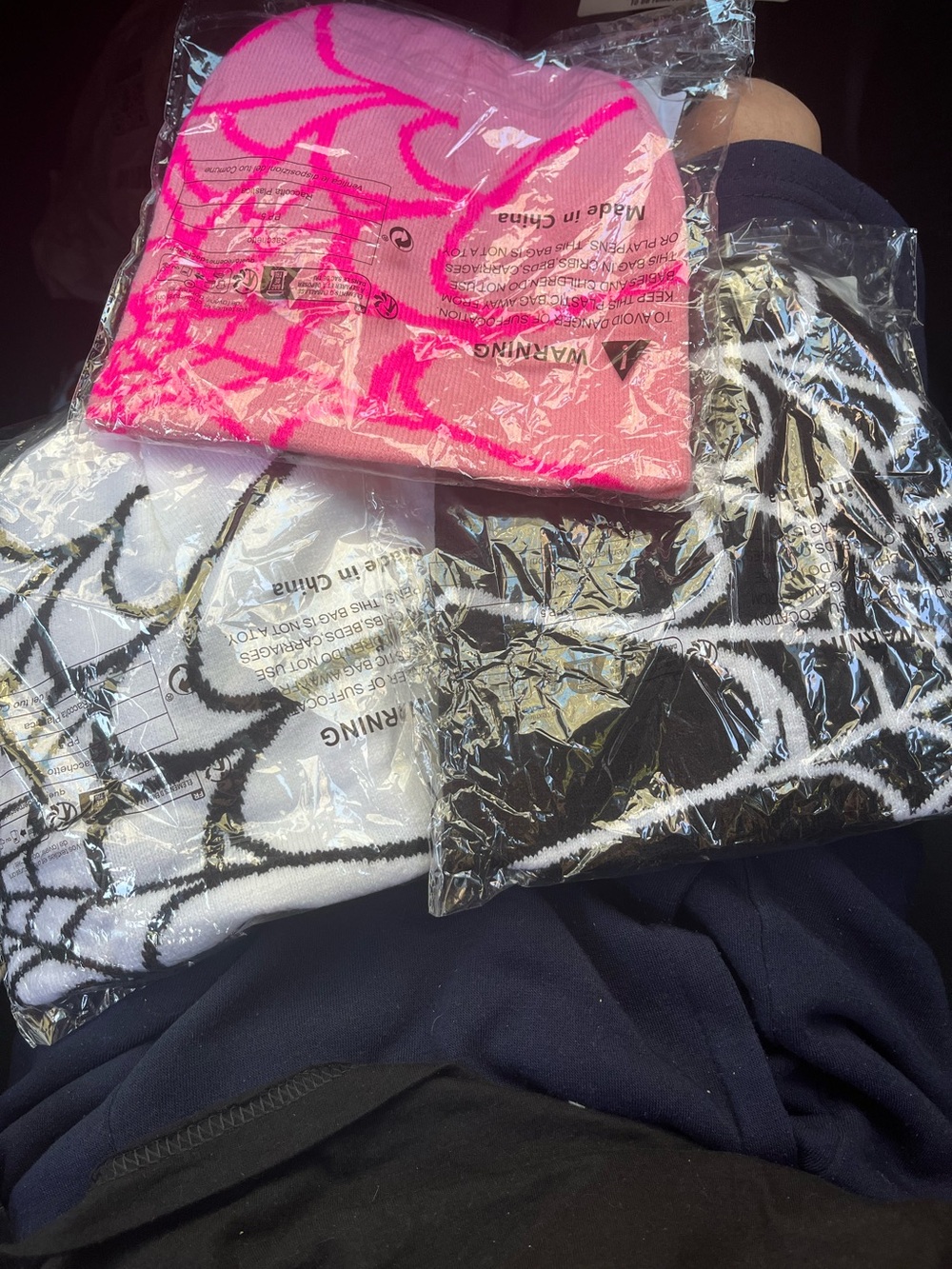 Trio of Graphic Beanies — Pink, White, Black